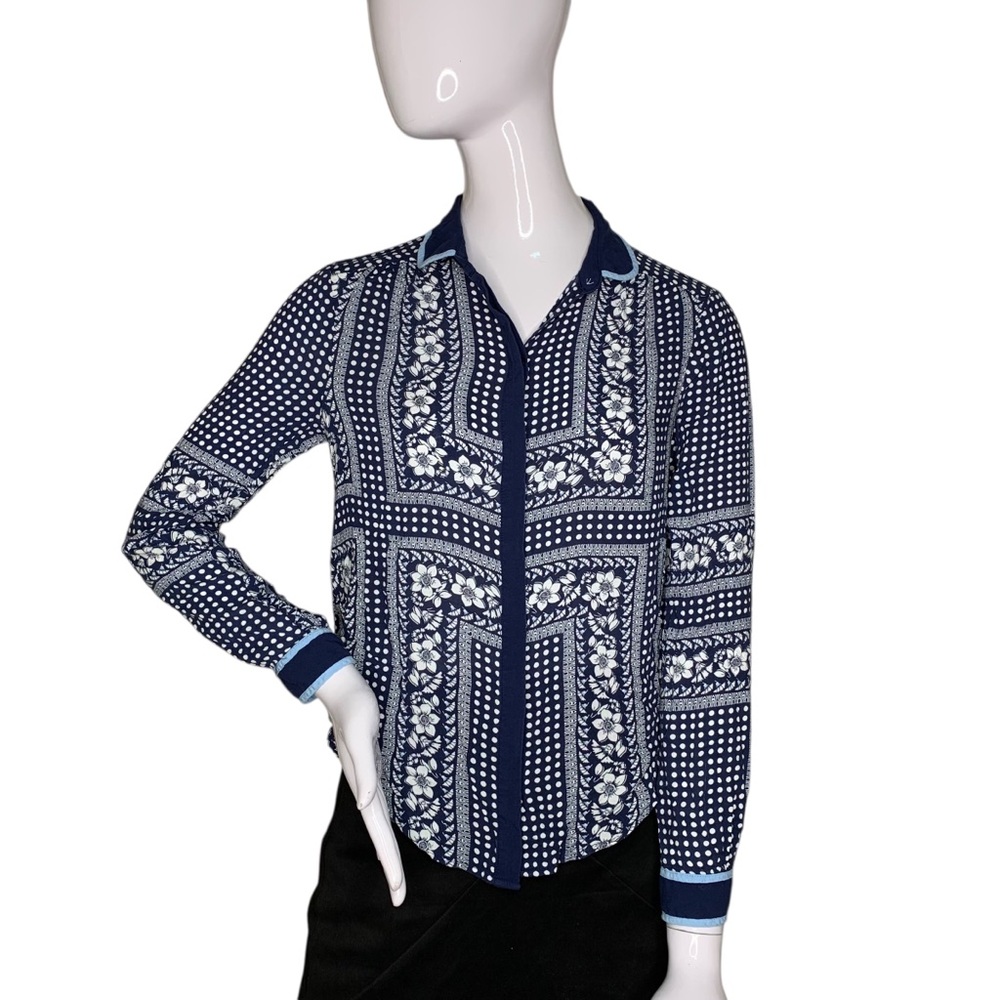 Maeve Art House Floral Collared Button Down Shirt Long Sleeve Blue White Size 0
